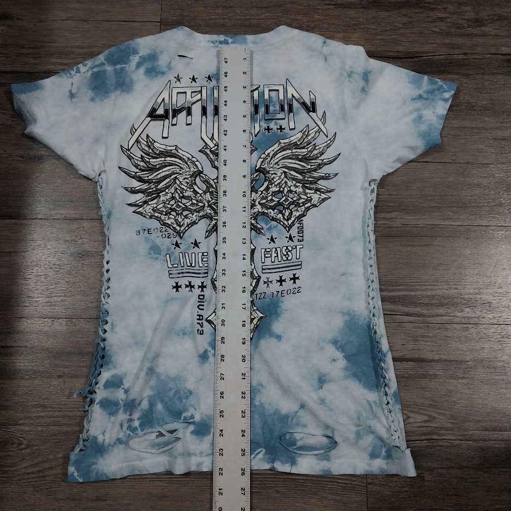Affliction Shirt Womens L Iron Armada Blue Tie Dye Tee Live Fast Biker Punk Y2K - Picture 8 of 9